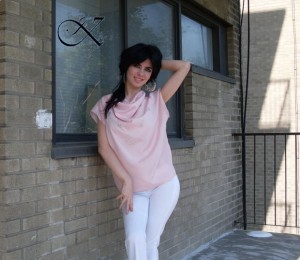 Jennifer Kaya fashion design: pink top with white pants 