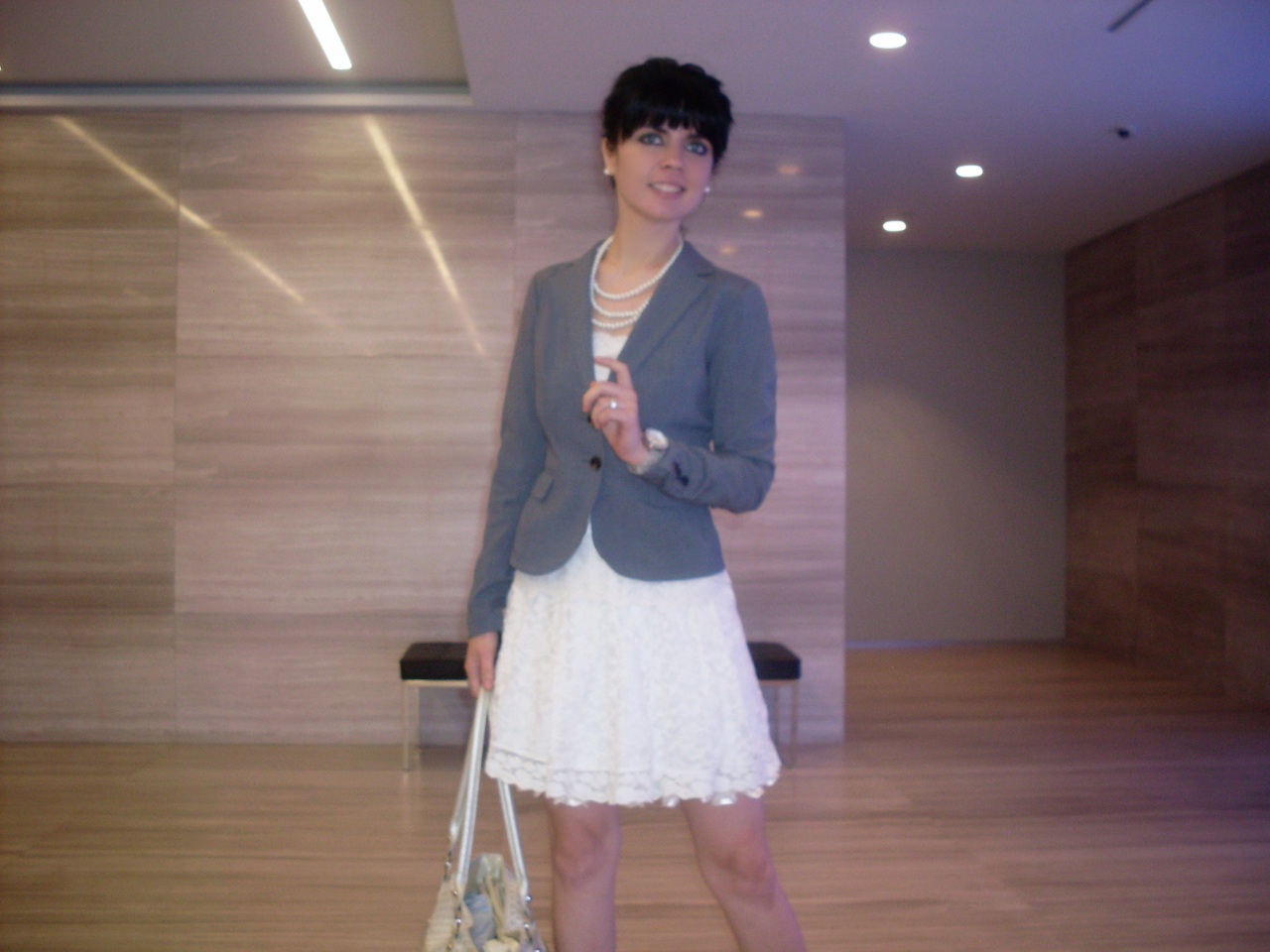 Cute Office Outfit: Gray Jacket With Flared Beige Color Lace Skirt