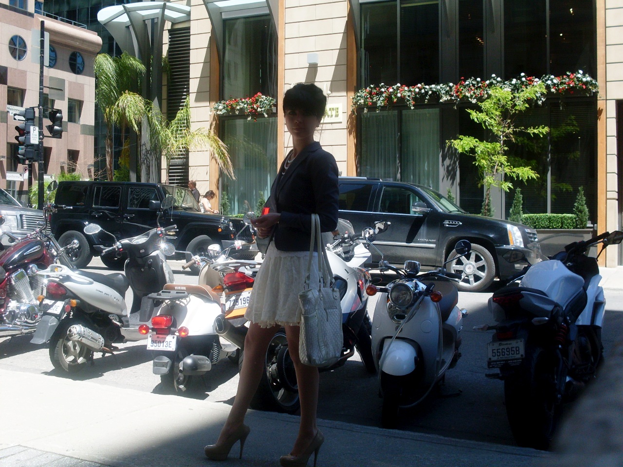 Cute Office Outfit: Gray Jacket With Flared Beige Color Lace Skirt