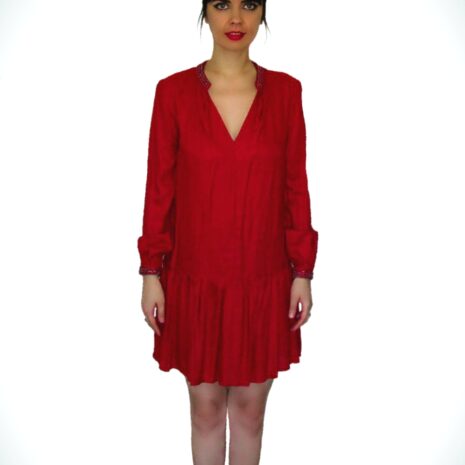 Loose Mini Red  Dress With Metallic Beads At The Edges Of the V Shaped Neckline & On The Sleeve Cuff