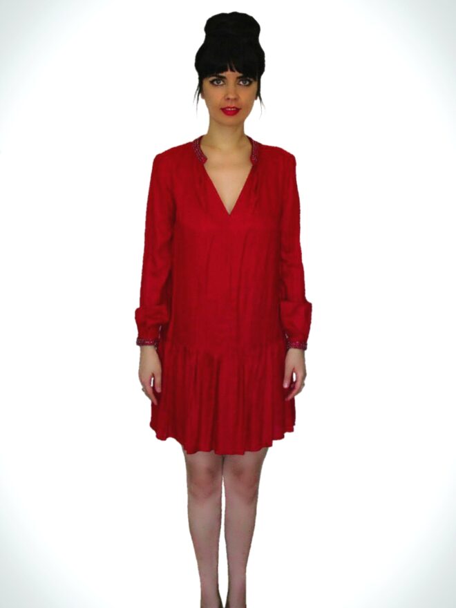 Loose Mini Red  Dress With Metallic Beads At The Edges Of the V Shaped Neckline & On The Sleeve Cuff