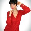 Loose Mini Red  Dress With Metallic Beads At The Edges Of the V Shaped Neckline & On The Sleeve Cuff