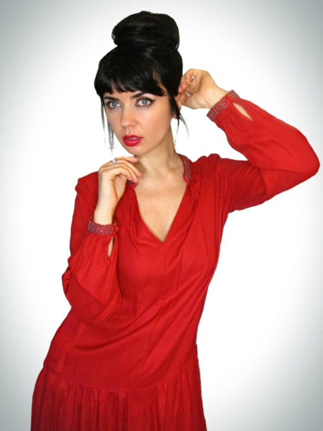 Loose Mini Red  Dress With Metallic Beads At The Edges Of the V Shaped Neckline & On The Sleeve Cuff