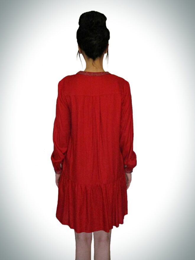 Loose Mini Red  Dress With Metallic Beads At The Edges Of the V Shaped Neckline & On The Sleeve Cuff