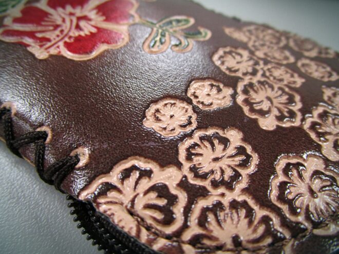 Brown Handcrafted Faux Leather Keychain Wallet With Flower Art