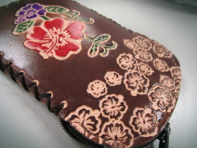 Brown Handcrafted Faux Leather Keychain Wallet With Flower Art