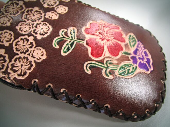 Brown Handcrafted Faux Leather Keychain Wallet With Flower Art