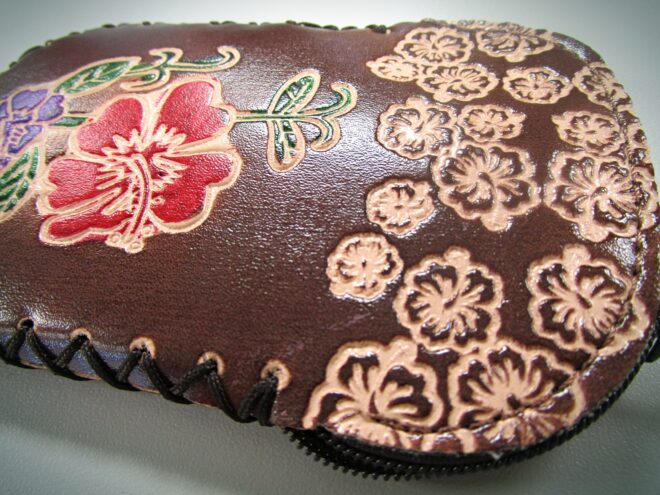 Brown Handcrafted Faux Leather Keychain Wallet With Flower Art