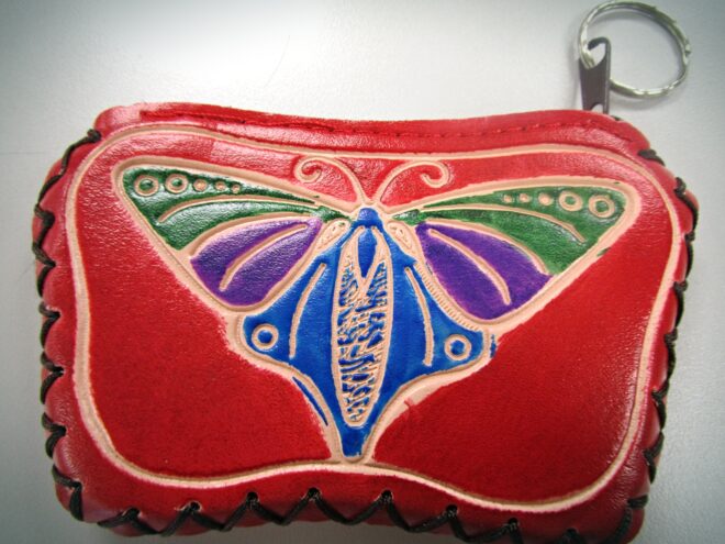 Red Handcrafted Faux Leather Keychain Wallet With Butterfly Art