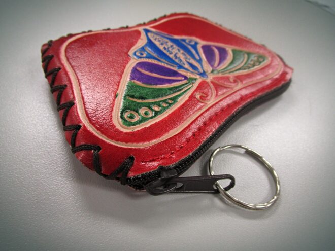 Red Handcrafted Faux Leather Keychain Wallet With Butterfly Art