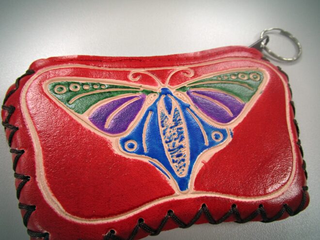 Red Handcrafted Faux Leather Keychain Wallet With Butterfly Art