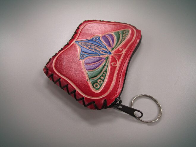 Red Handcrafted Faux Leather Keychain Wallet With Butterfly Art