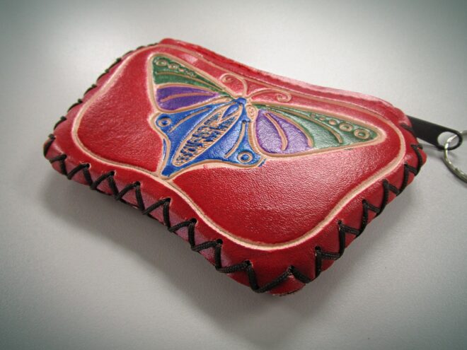 Red Handcrafted Faux Leather Keychain Wallet With Butterfly Art