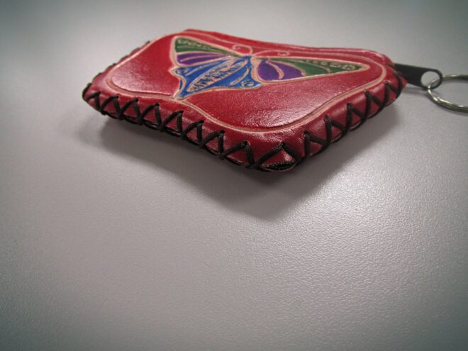 Red Handcrafted Faux Leather Keychain Wallet With Butterfly Art