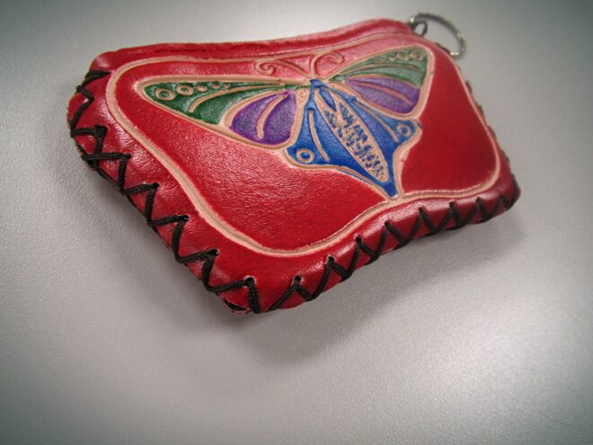 Red Handcrafted Faux Leather Keychain Wallet With Butterfly Art