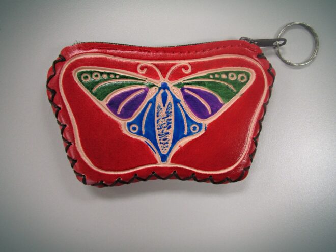 Red Handcrafted Faux Leather Keychain Wallet With Butterfly Art