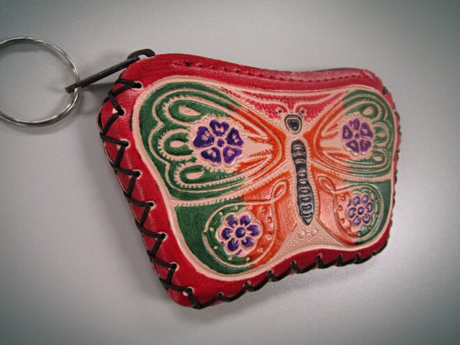 Red Handcrafted Faux Leather Keychain Wallet With Butterfly Art