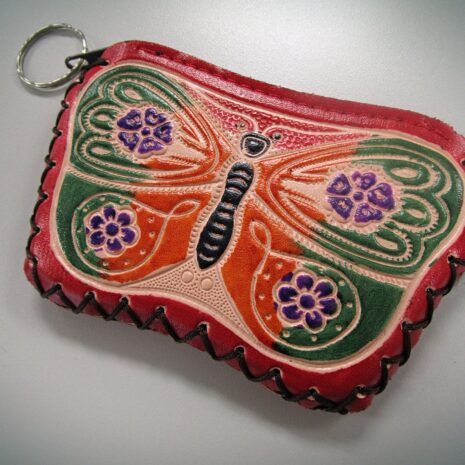 Red Handcrafted Faux Leather Keychain Wallet With Butterfly Art