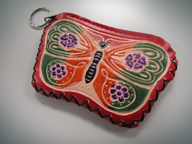 Red Handcrafted Faux Leather Keychain Wallet With Butterfly Art