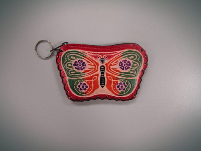 Red Handcrafted Faux Leather Keychain Wallet With Butterfly Art