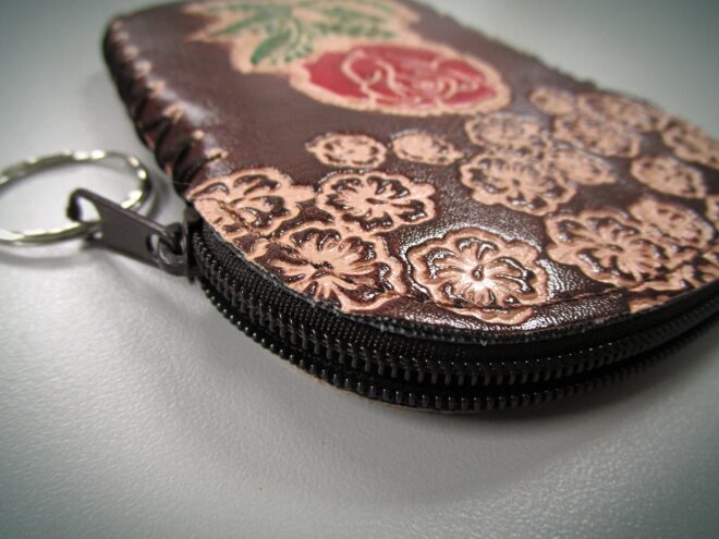 Brown Handcrafted Faux Leather Keychain Wallet With Flower Art