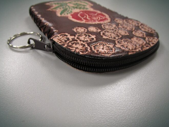 Brown Handcrafted Faux Leather Keychain Wallet With Flower Art