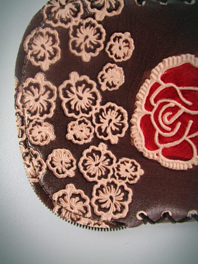 Brown Handcrafted Faux Leather Keychain Wallet With Flower Art