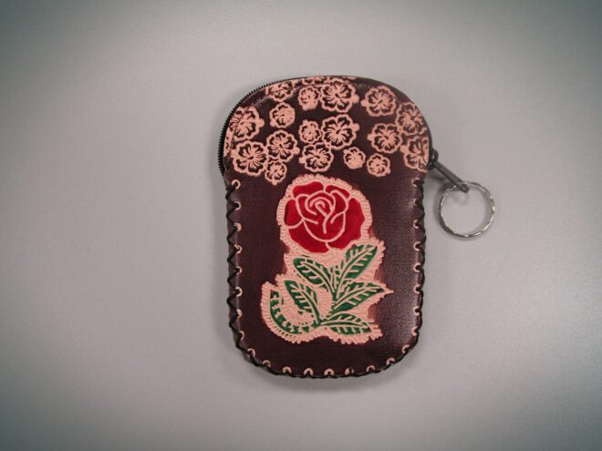 Brown Handcrafted Faux Leather Keychain Wallet With Flower Art