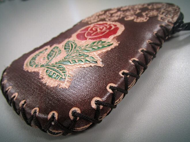 Brown Handcrafted Faux Leather Keychain Wallet With Flower Art