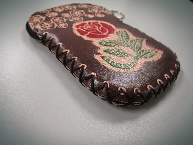 Brown Handcrafted Faux Leather Keychain Wallet With Flower Art