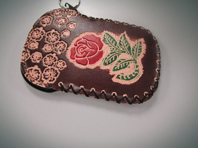 Brown Handcrafted Faux Leather Keychain Wallet With Flower Art