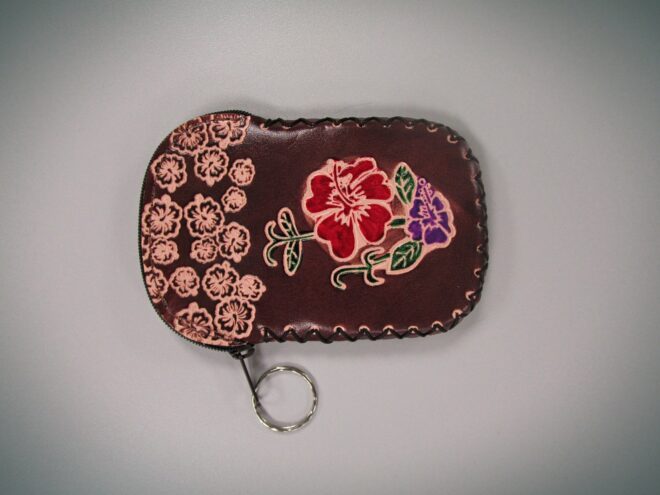 Brown Handcrafted Faux Leather Keychain Wallet With Flower Art