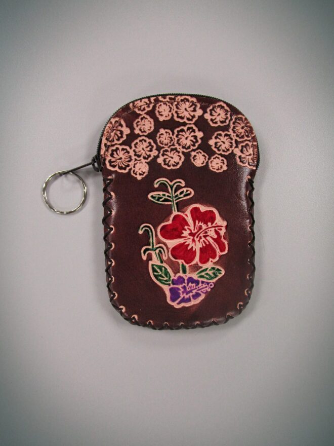 Brown Handcrafted Faux Leather Keychain Wallet With Flower Art