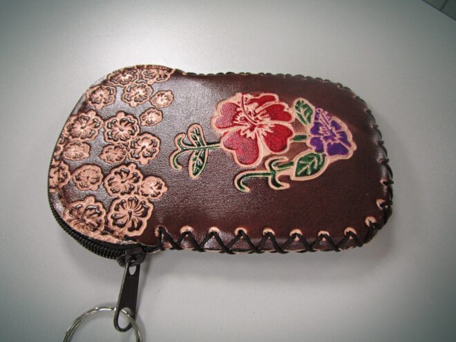 Brown Handcrafted Faux Leather Keychain Wallet With Flower Art