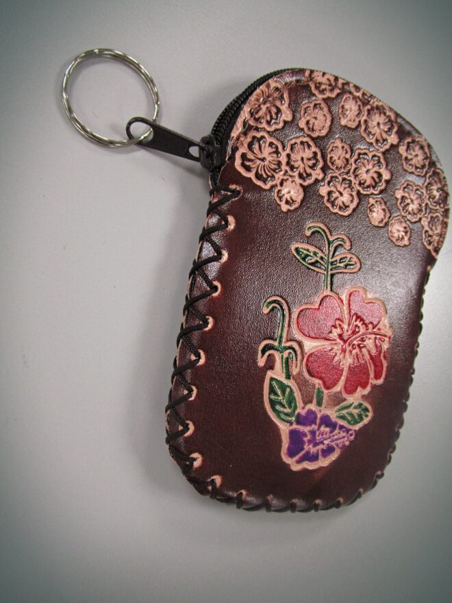 Brown Handcrafted Faux Leather Keychain Wallet With Flower Art