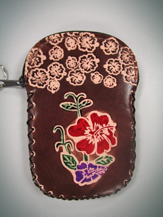 Brown Handcrafted Faux Leather Keychain Wallet With Flower Art