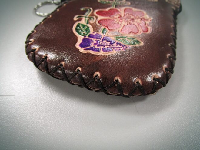 Brown Handcrafted Faux Leather Keychain Wallet With Flower Art