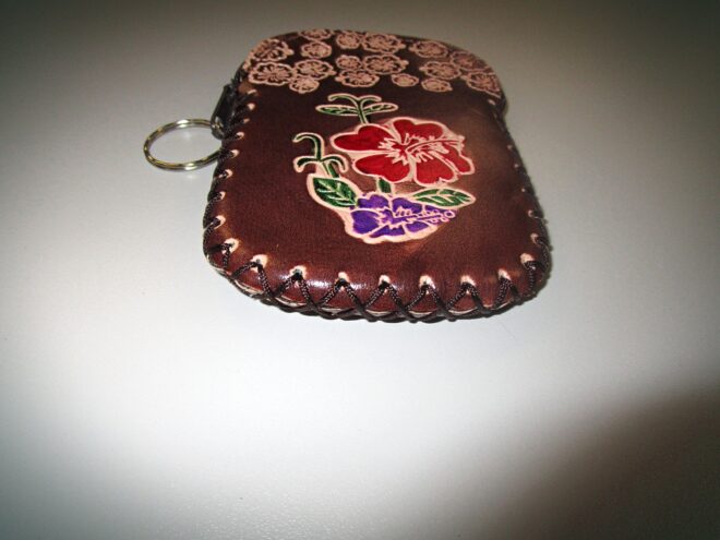 Brown Handcrafted Faux Leather Keychain Wallet With Flower Art