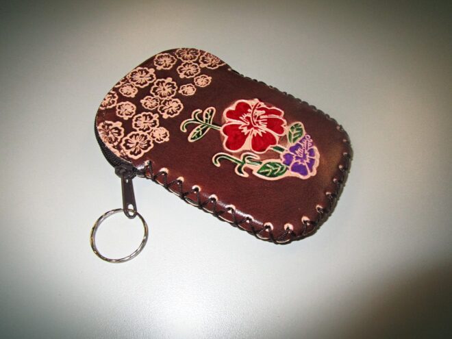 Brown Handcrafted Faux Leather Keychain Wallet With Flower Art