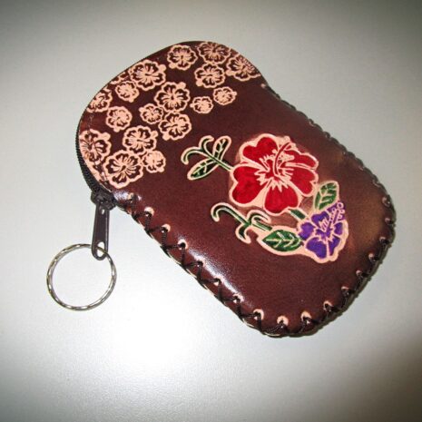 Brown Handcrafted Faux Leather Keychain Wallet With Flower Art