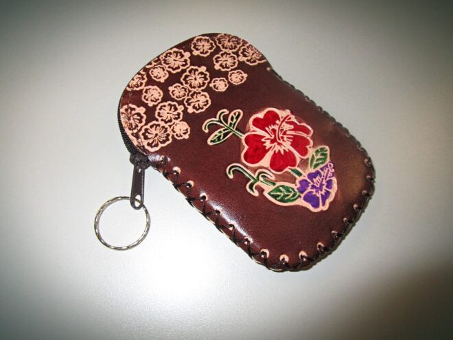 Brown Handcrafted Faux Leather Keychain Wallet With Flower Art