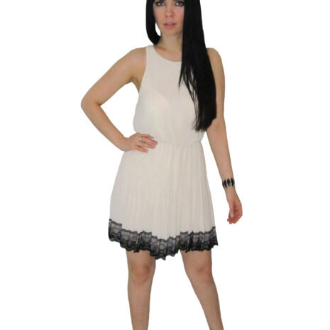 Beige Mini Dress With Flared Skirt And Black Lace Trim at The Bottom Of The Skirt