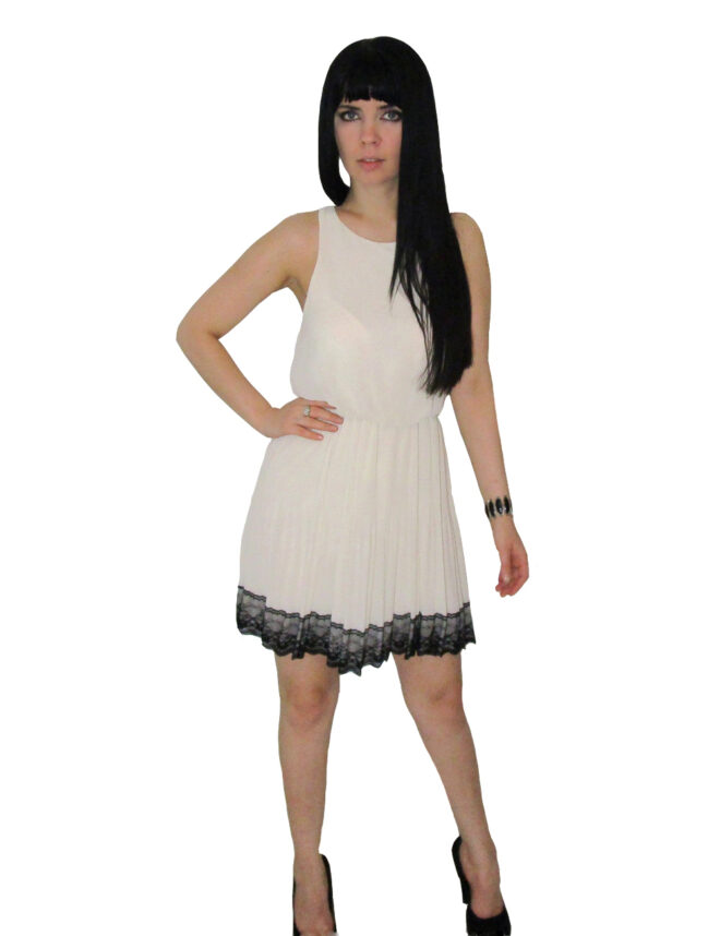 Beige Mini Dress With Flared Skirt And Black Lace Trim at The Bottom Of The Skirt